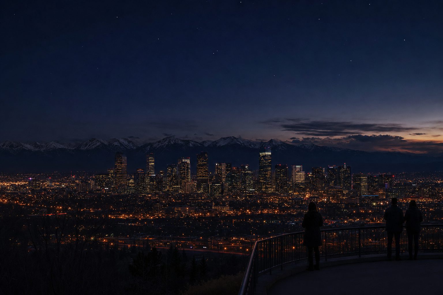 Denver at blue hour beneath the Front Range