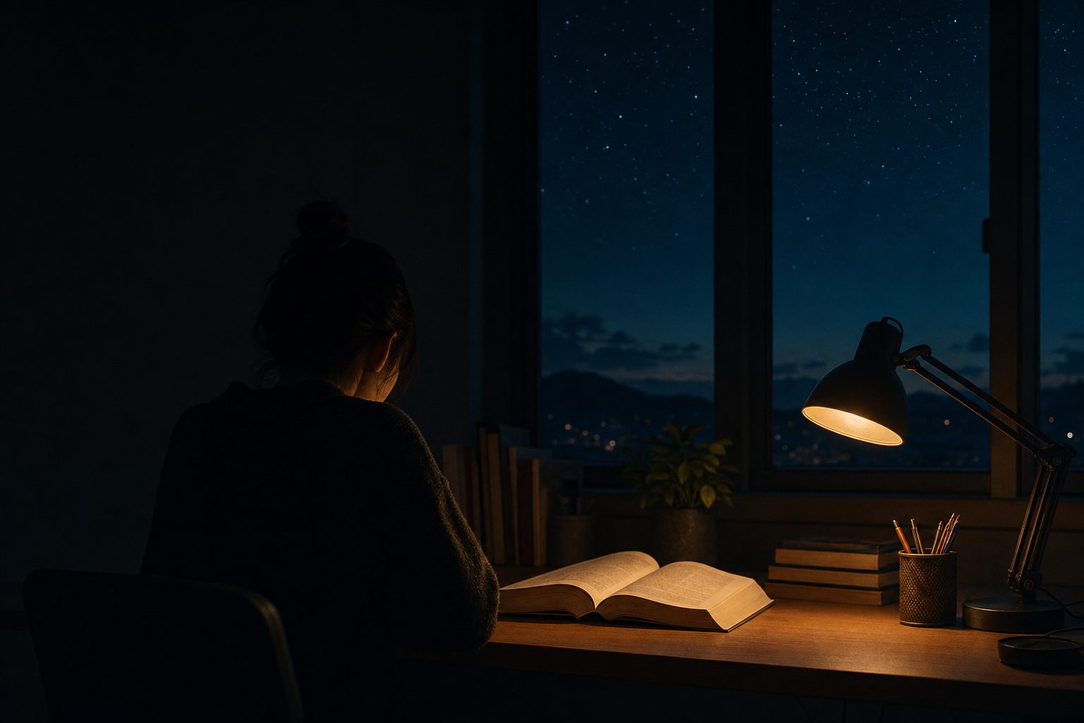 A study desk with a textbook under a lamp beside a night window