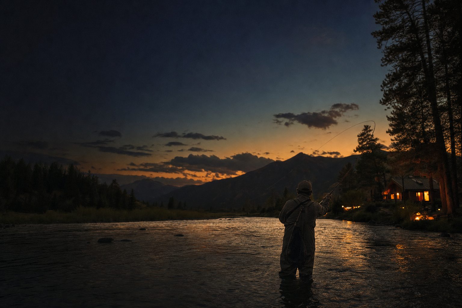 A figure fly-fishing on a Colorado river at golden hour