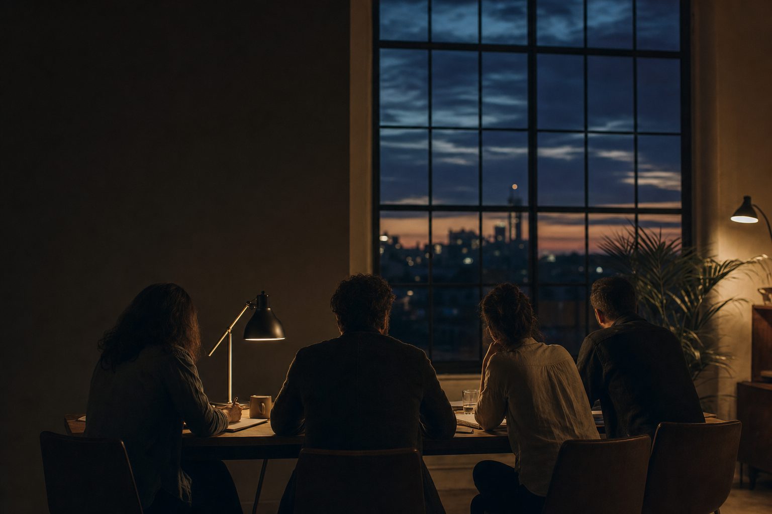 A small team around a table in warm lamplight in an evening office