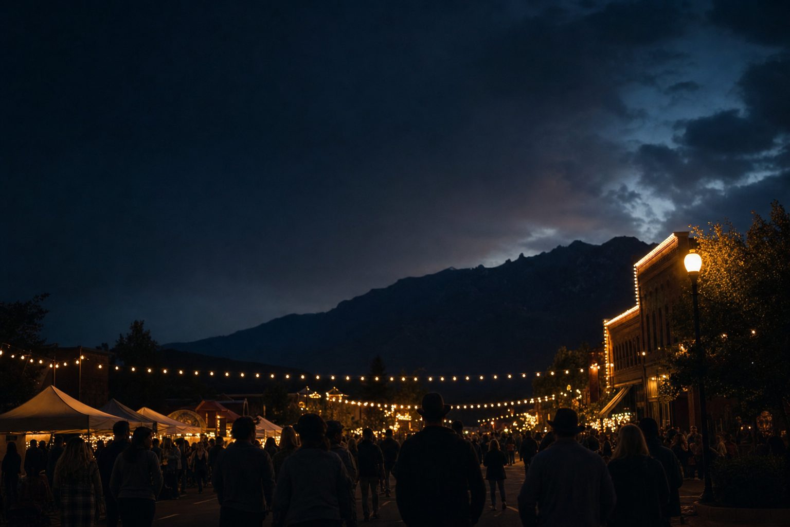 A small-town street festival at dusk