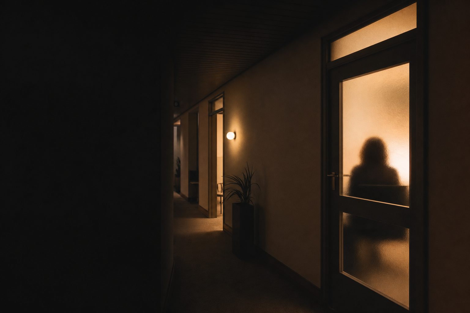Warm light through a frosted-glass office door in a dark hallway