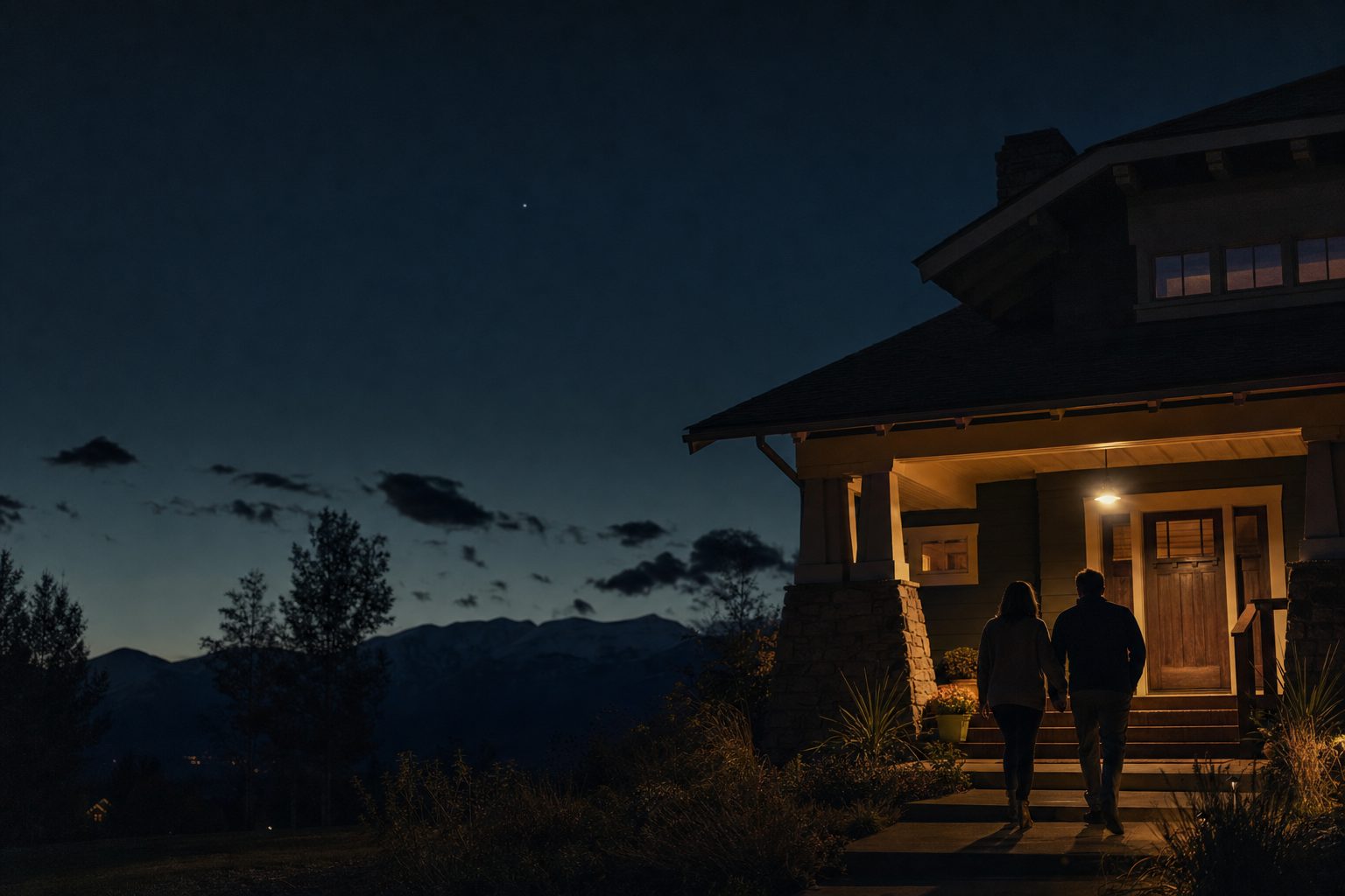 A porch light on a Colorado craftsman house at dusk