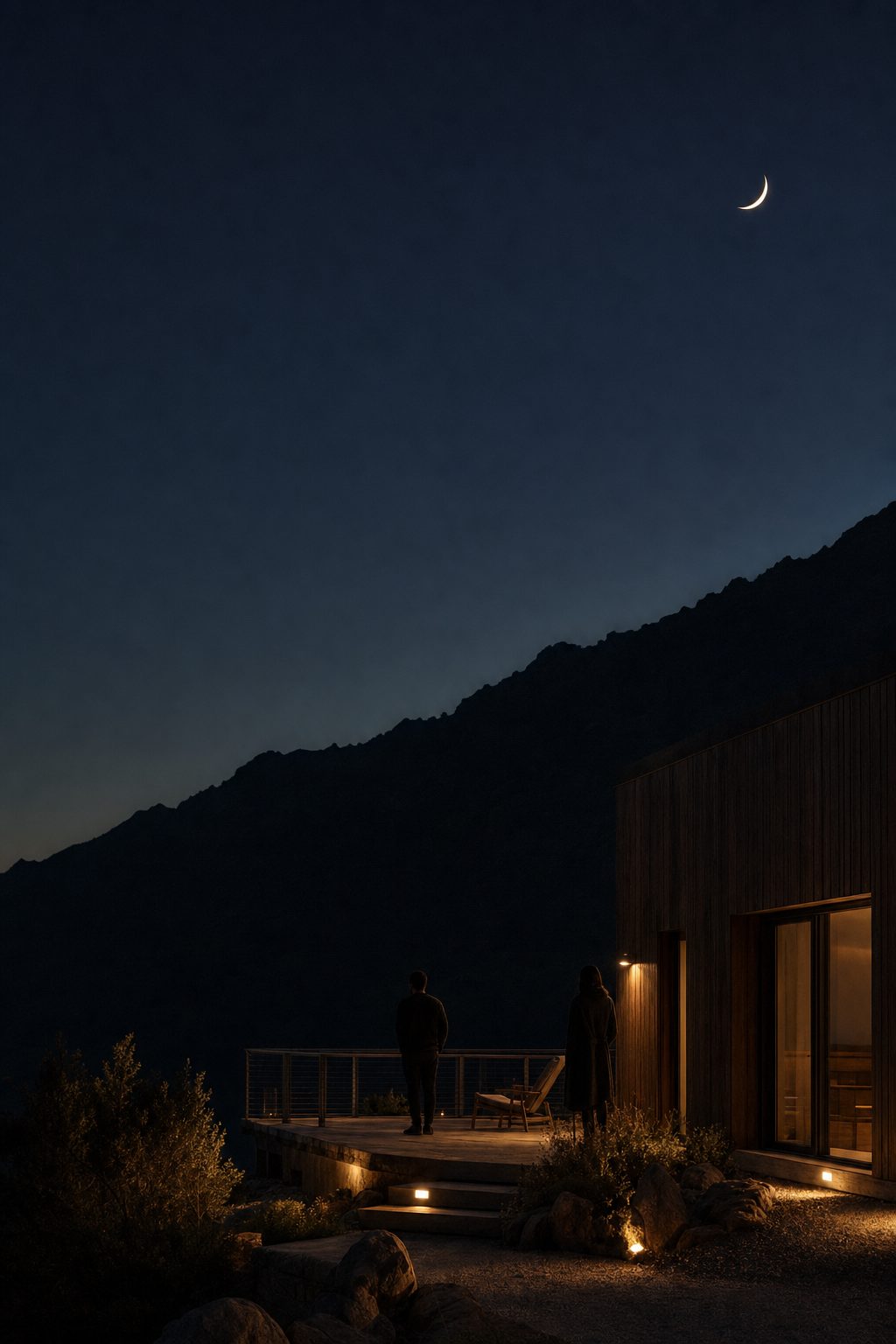 A crescent moon over a mountain ridge