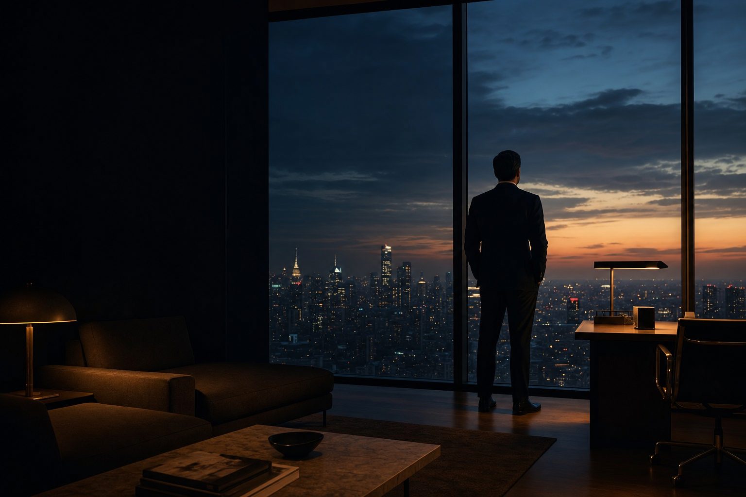 A figure seen from behind at a tall window overlooking a city at dusk — an atmosphere image, not a portrait
