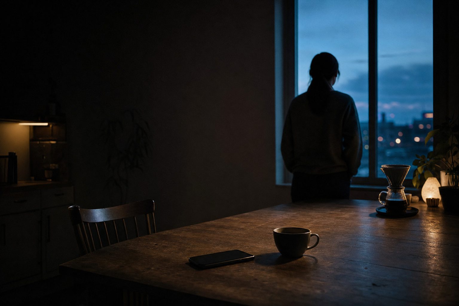 A phone and coffee on a wooden kitchen table by a morning window