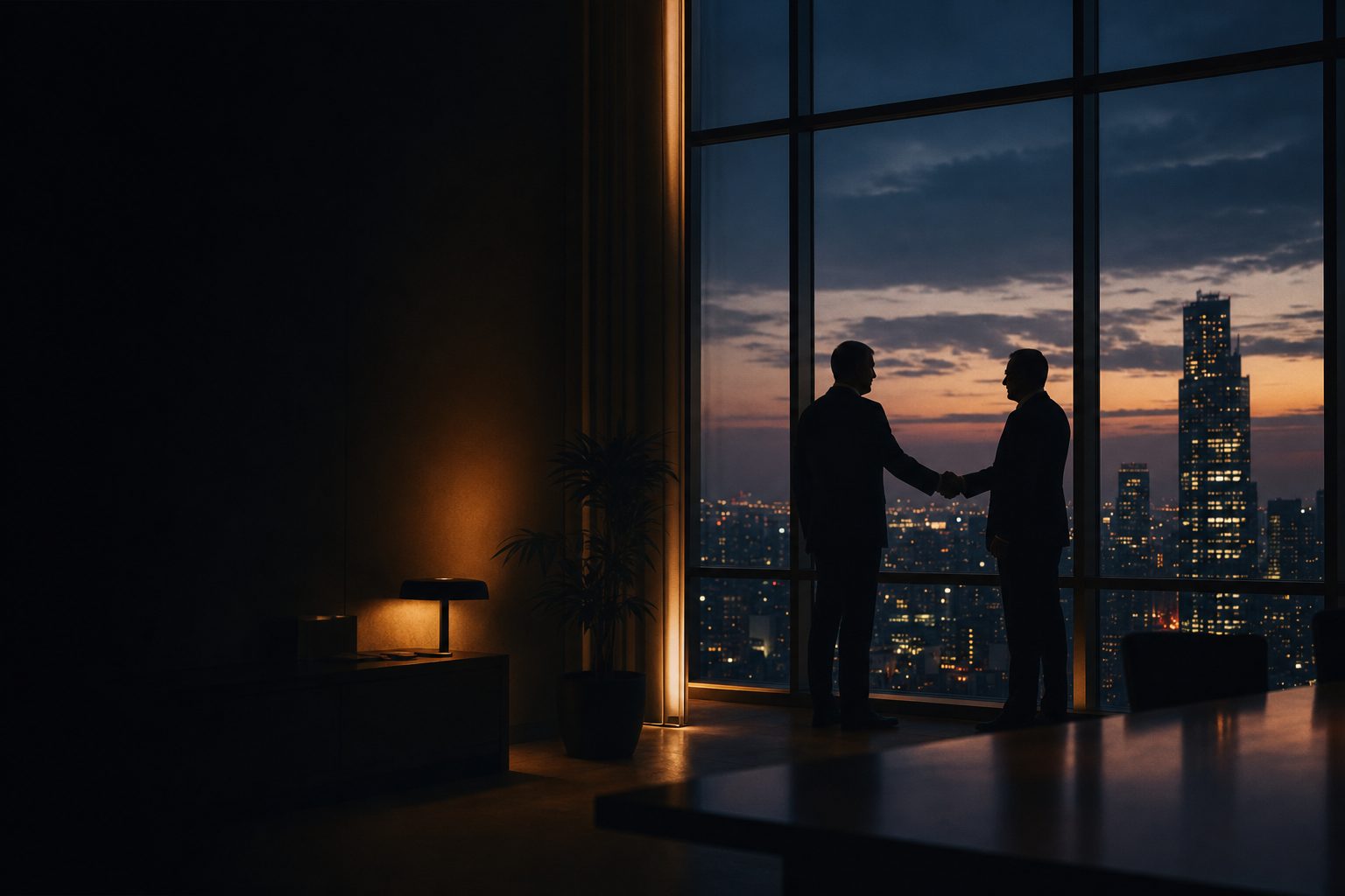 A handshake in silhouette against a dusk window