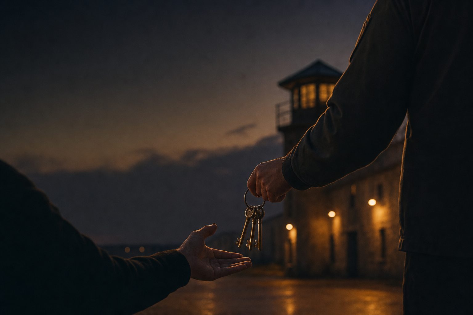 A set of keys passing between two hands at dusk