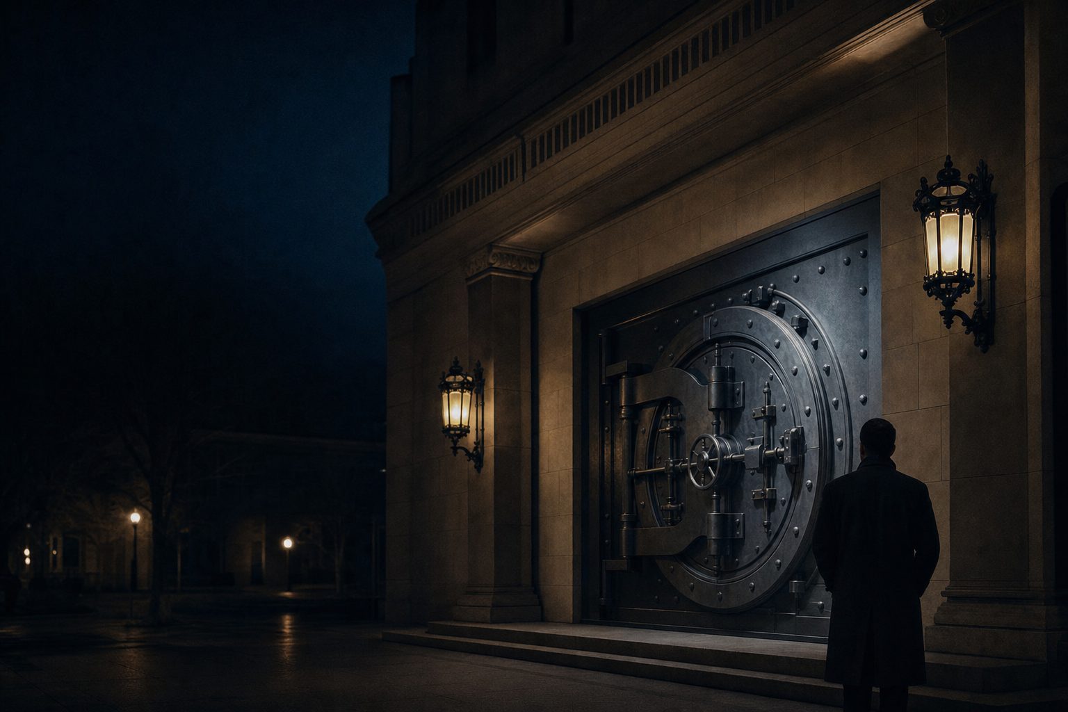 A vintage bank-vault door in soft cool light