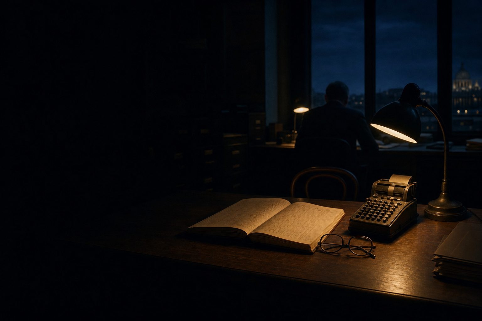 A ledger book, calculator, and glasses in a pool of lamplight