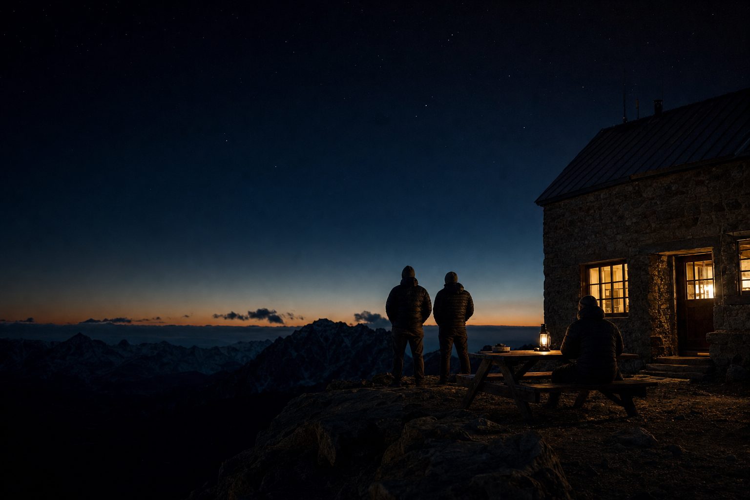 A mountain silhouette under early stars