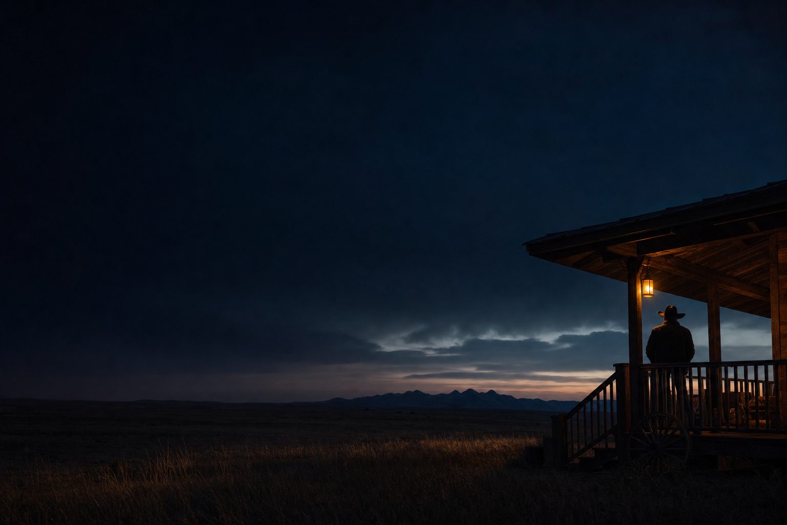 A ranch porch lamp burning against deep dusk