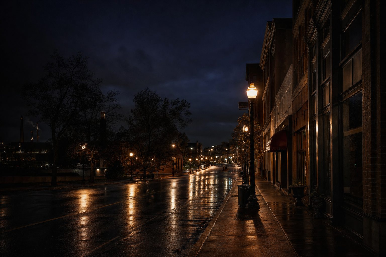 A quiet main street after rain at night, lights reflected in the pavement