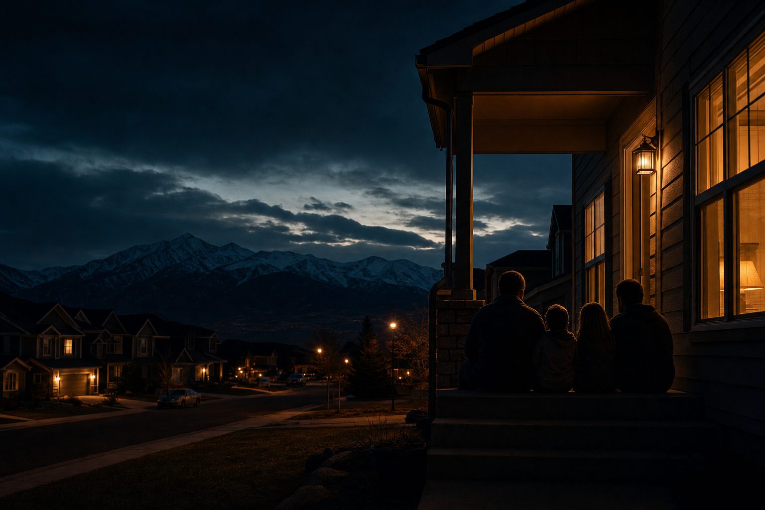 A family on a porch at dusk