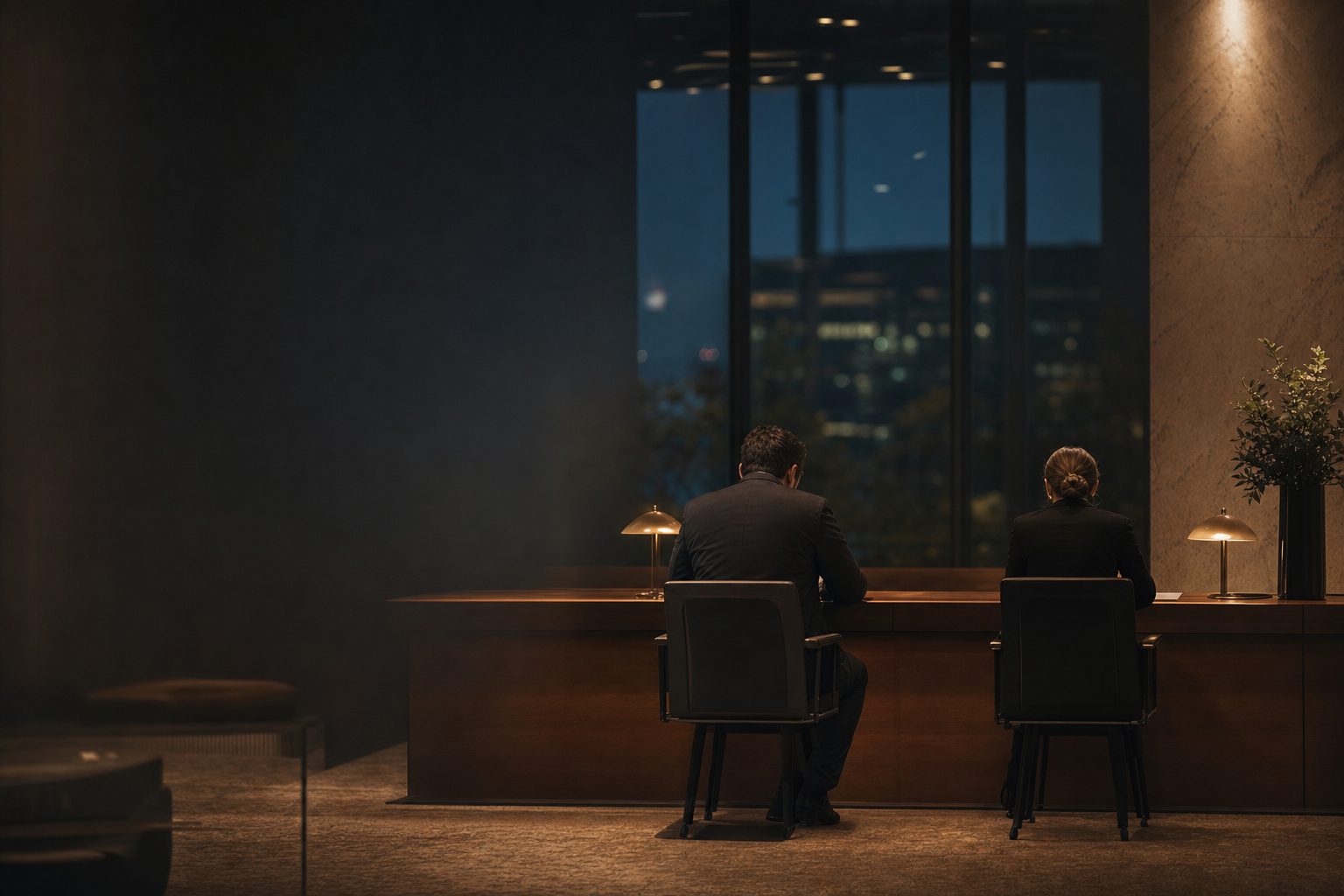 Two colleagues at a service desk in the evening, seen from behind
